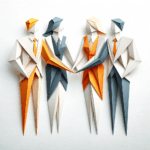 DALL·E 2023-10-24 00.35.06 – Business-toned origami design with a touch of dynamism, depicting four stylized human shapes on a white backdrop. Two figures are adorned in dresses w