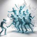 DALL·E 2023-10-24 00.52.48 – 3D visualization displaying a spirited team, molded from aqua-tinted water, against a pristine white background. They are in dynamic poses, interactin