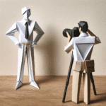 DALL·E 2024-01-11 16.13.27 – Create an imaginative scene featuring an employee being photographed, depicted in an Origami-style. The figure should be composed of intricately folde
